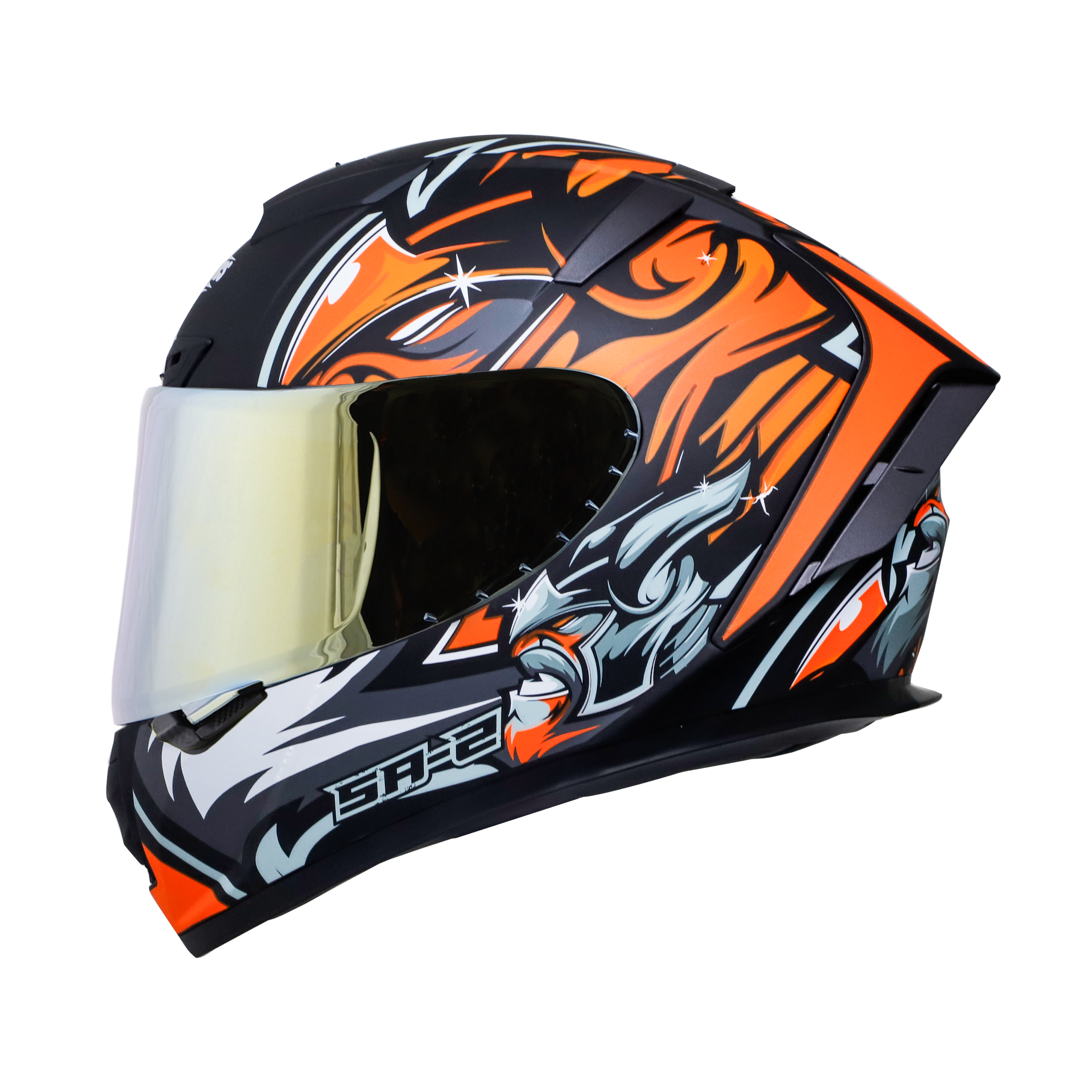 SA-2 VILLAIN MAT BLACK WITH ORANGE (FITTED WITH CLEAR VISOR EXTRA CHROME GOLD VISOR FREE)